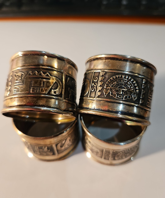 Sterling Silver Napkin Ring Set of 4 Inca god Tumi, llama and Jaguar