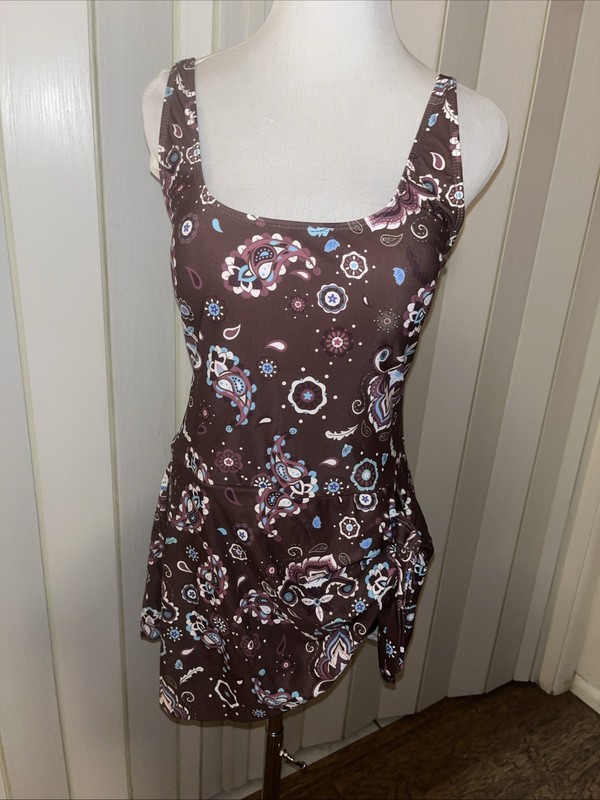 Viralvera Swimsuit,  Brown Paisley Summer Tummy Control One Piece Swimsuit- XL