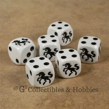 NEW Set of 6 Black Unicorn White Dice Fantasy RPG Game D&D Animal D6 16mm  