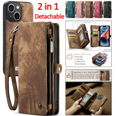 Magnetic Removable Leather Wallet Case For iPhone 16e 15 14 13 12 11 Pro Max 8 7