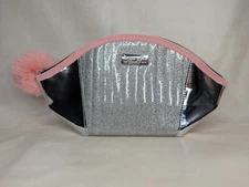 Benefit Silver & Pink Makeup Bag with PINK PUFF ZIPPER | Travel Makeup Case