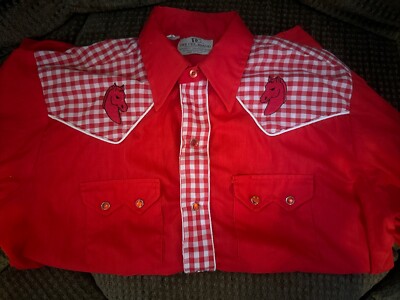 Vintage Dee-Cee Red White Horse Embroidered Plaid Pearl Snap Shirt L 16.5 USA