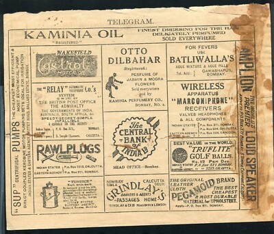 INDIA KING GEORGE FIFTH TELEGRAM TOBACCO TEA OIL GOLF 1926