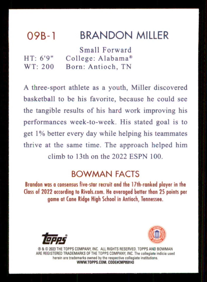 2022-23 Bowman Chrome University '09 Bowman #09B1 Brandon Miller - Image 2 of 2