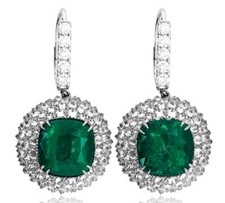 LARGE 30.21CT DIAMOND & AAA EMERALD 18KT WHITE GOLD 3D FLOWER HANGING EARRINGS