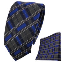 Schmale Tigertie Krawatte + Einstecktuch Blau Royal Anthrazit Silber Gestreift