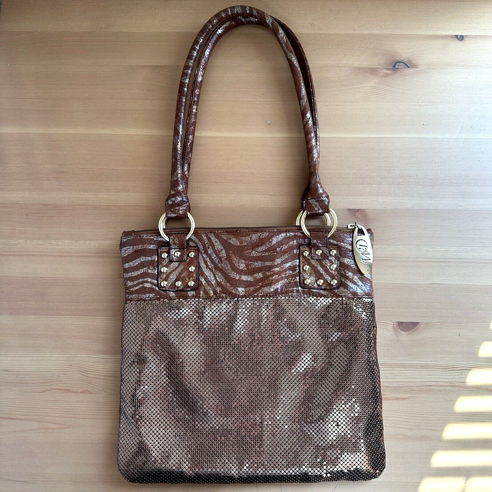 WD Whiting & Davis Metal Mesh Shoulder Bag Gold Copper Animal Print