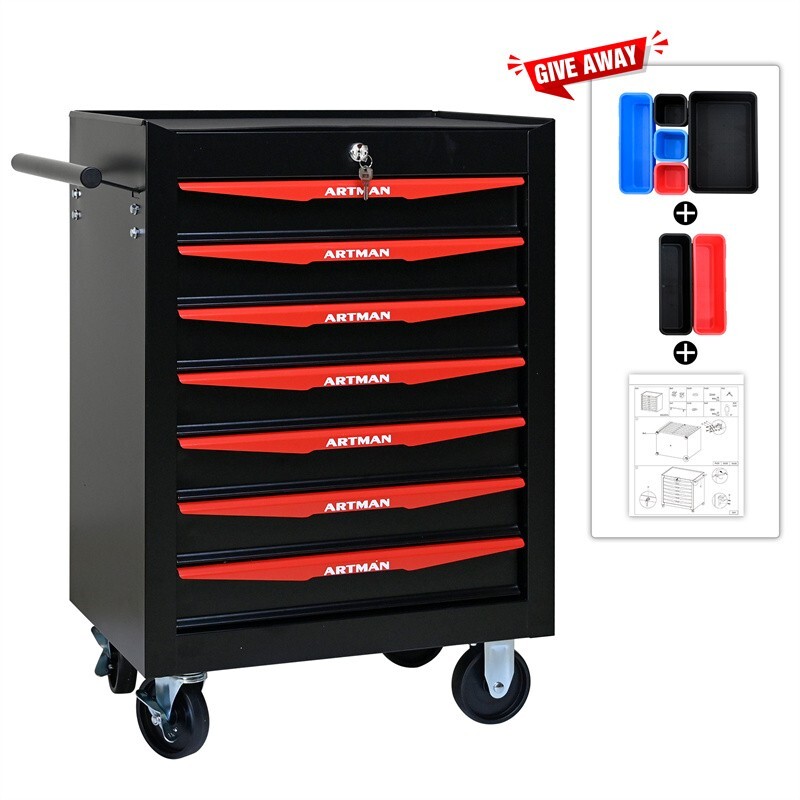 7 Drawers Rolling Tool Box Cart Tool Chest Tool Storage Cabinet w/ Lock & Key