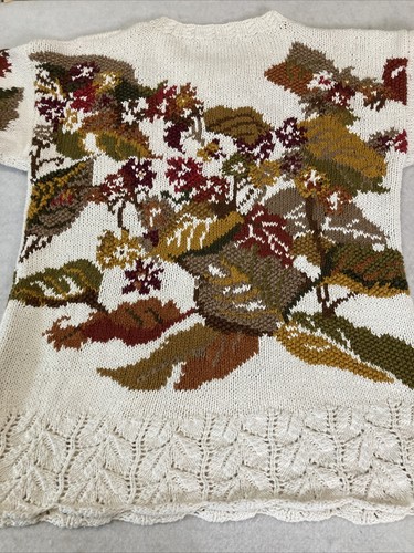 Vtg Casual Corner Tunic Sweater Cream & Fall Leaves SZ L Detail Hem Cottagecore - Picture 18 of 19