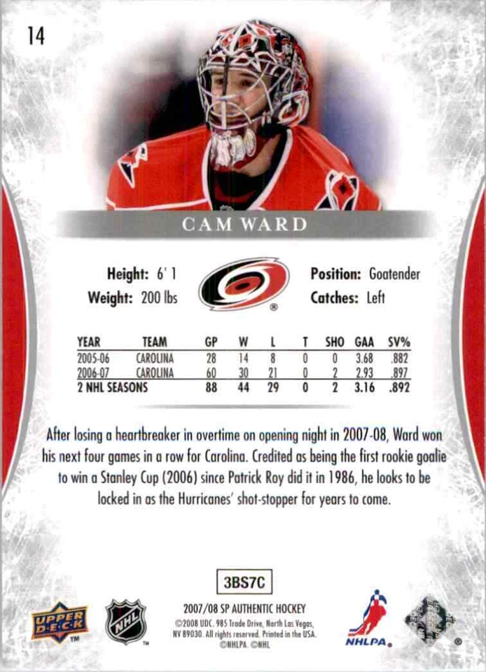 2007-08 Upper Deck SP Authentic Cam Ward #14 - Image 2 of 2