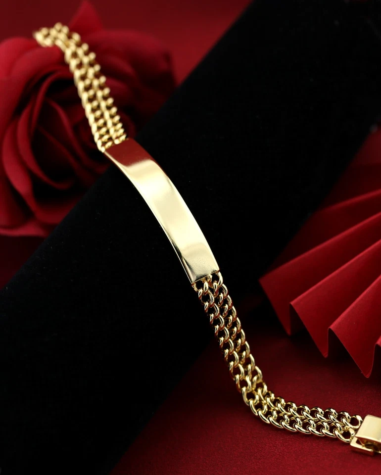 9K GOLD GF PLAIN 8MM BAND ID BAR WOMENS GIFT CURB LAYERED CHAIN BRACELET 19.5CM - Image 4 of 4