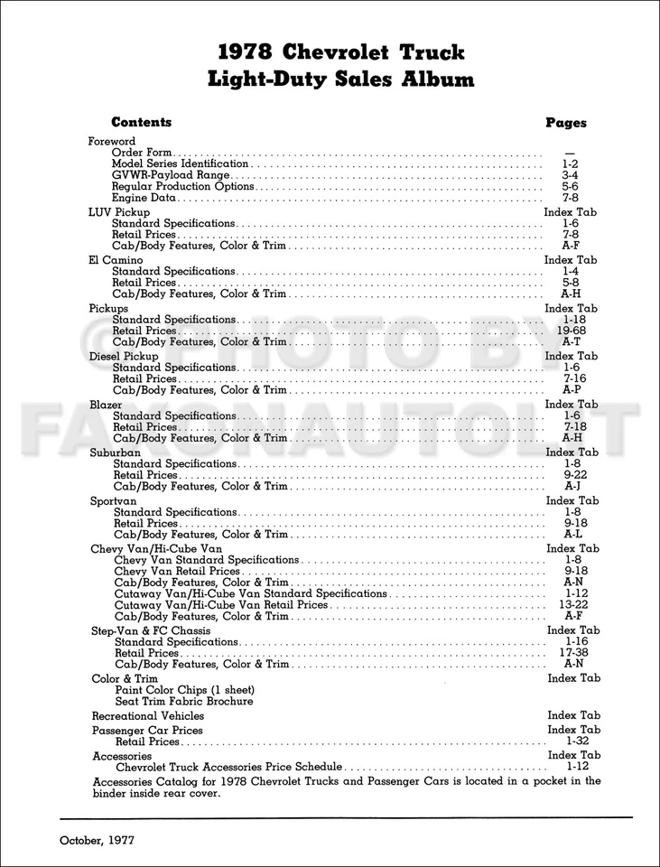 Chevy Truck 1978 libro de datos tapicería distribuidor álbum camioneta Suburban Blazer Foto 2 de 2