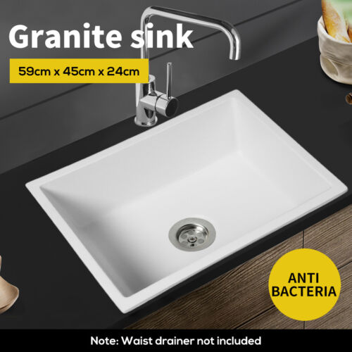 Granite Kitchen Sink Laundry Stone Sinks Undermount Single Bowl 59cmx45cm White - Picture 1 of 12
