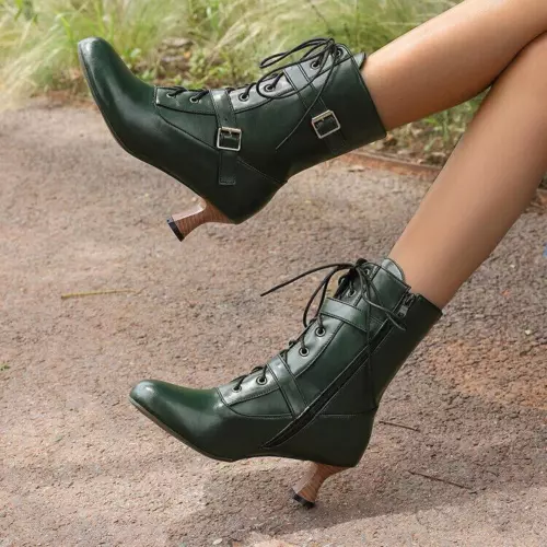 Womens Chic Shoes Round Toe Lace Up Buckle Straps Mid Heel Ankle Boots - Picture 10 of 31