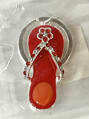 Rhinestone Flip Flop Keychain Red Orange Metal Enamel Keyring