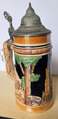 ULM DAS MUNSTER, SOUVENIR CERAMIC STEIN. MADE IN GERMANY. ORNATE PEWTER LID