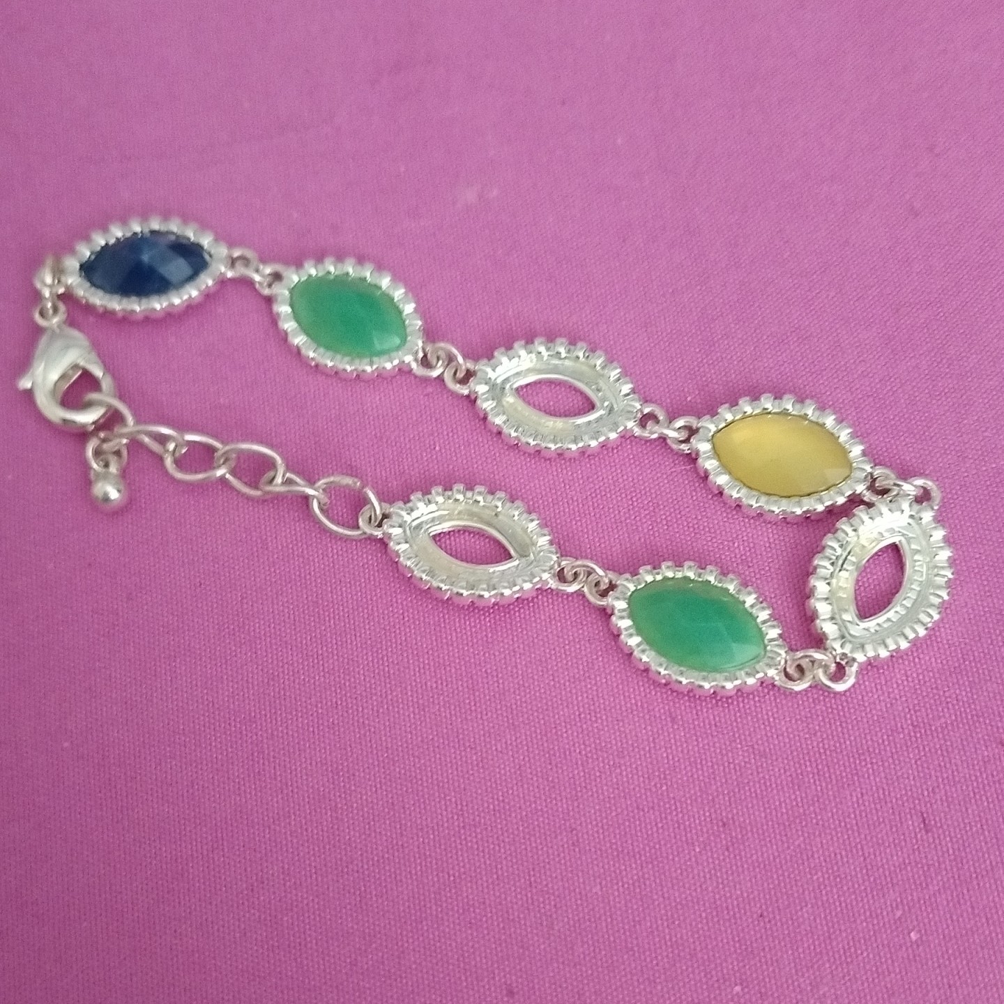 Silver Tone Multicolor Oval Stone Bezel Link Chain Bracelet, Lobster Clasp