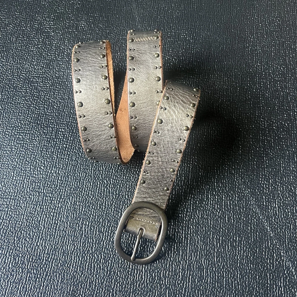 Fossil Brown Embossed Leather Studded Belt Silver Tone Western Boho Size Large Vintage western-style concho belt featuring multiple oval  main image 3