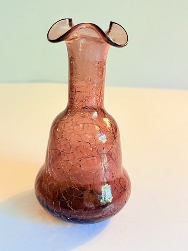Vintage Hand Blown Pale Amethyst Crackle Glass Vase With Ruffled Top - Picture 11 of 13