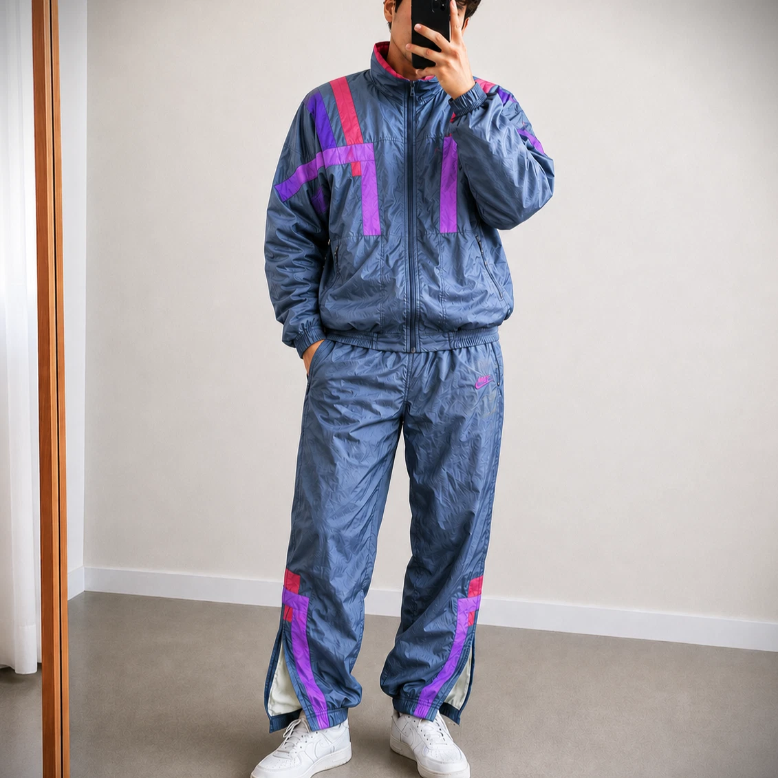 Rare Nike 90s Retro 80s M oversized Y2K Trainingsanzug Set Unisex Grau Rot 2000s