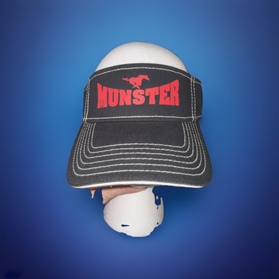 Munster High School Mustangs IN Red Print on Black White Visor Hook Loop Otto