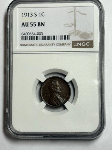 1913 S Lincoln Wheat Cent AU 55 BN