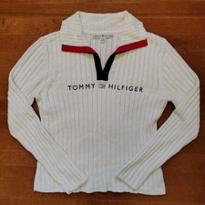Vtg Y2K Tommy Hilfiger Women's L White Ribbed Knit Sweater Rhinestone Spellout