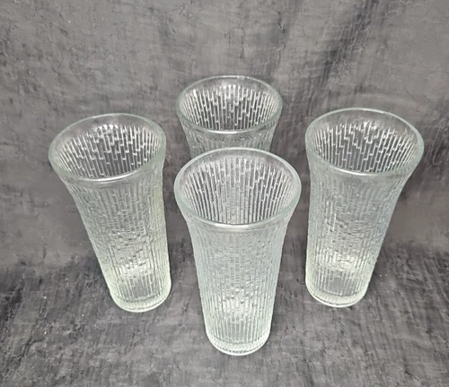 4 Vintage Jeanette Glass Finlandia Tree Bark Tumblers, Set of 4, Clear 6.25”