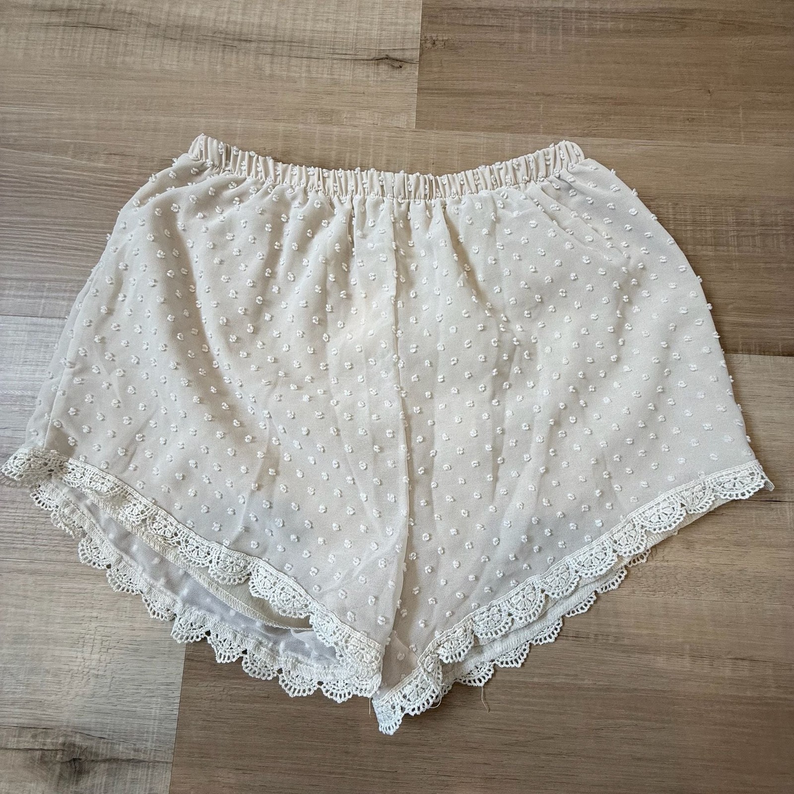 Cream Swiss Dot Lace Trim Elastic Waist Shorts