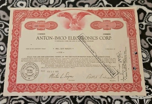 ANTON - IMCO ELECTRONICS CORP Shares Stock Certificates 1960