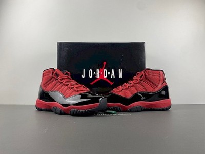 Air Jordan 11 Retro Red Mesh Upper Gloss Black Patent Leather Two-Tone High Top 