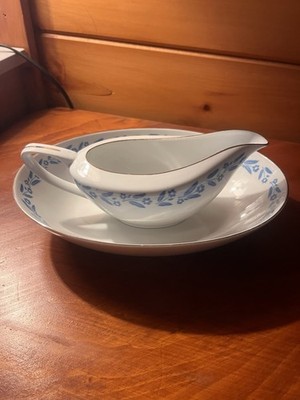 Vintage Symphony In Blue Fine China-Gravy Boat/Creamer And Oval Serving Bowl