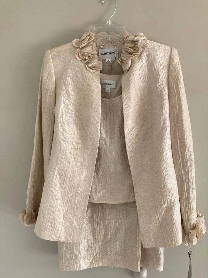 Conjunto de traje falda totalmente forrada Albert Nipon vintage y nuevo de 3 piezas, beige alto 6 Foto 2 de 4
