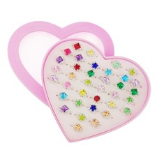 36pcs Little Girl Adjustable Rhinestone Gem Rings Set with Heart Shape Displa...
