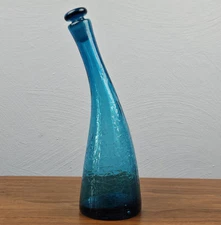 Blenko 948s Teal Crackle Art Glass Cruet Decanter w Stopper by Winslow Anderson