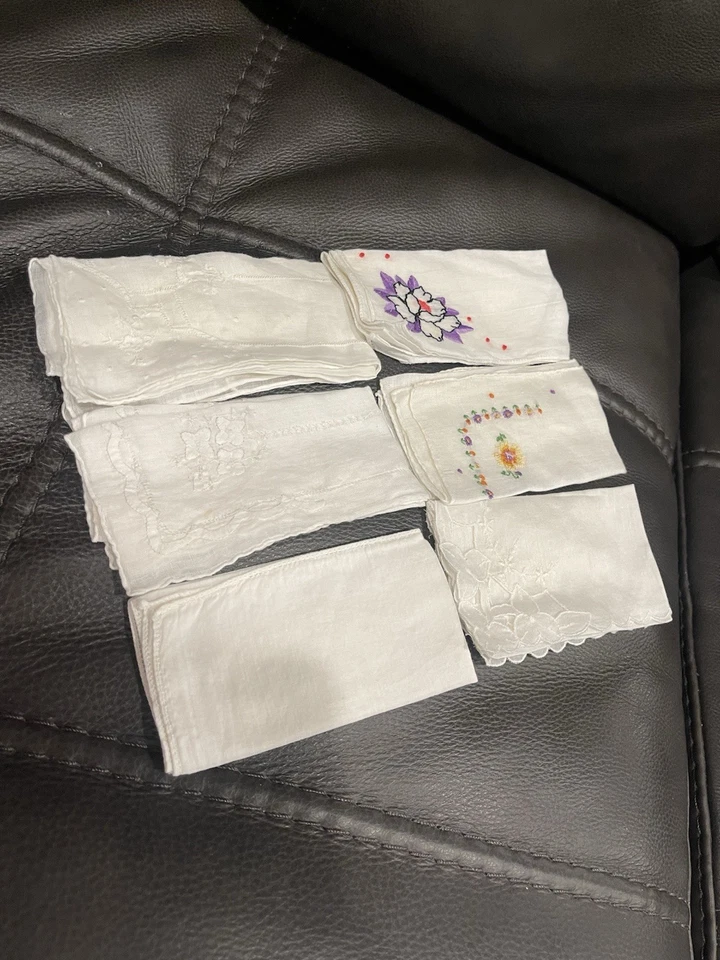 Juego de 6 pañuelos vintage de lino de algodón bordados a mano para damas Foto 2 de 4