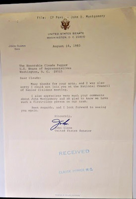 John Glenn, TLS, Aug. 18, 1983. U.S. Senate ltrhd, re John Montgomery