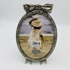 Burnes Of Boston Metal Double Oval Picture Frame Bow Floral Silver Easel back