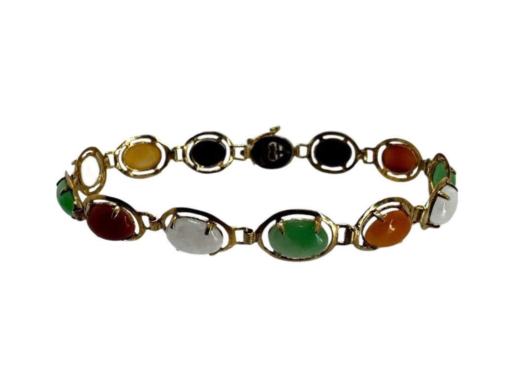 Solid 14K Yellow Gold Multi Colored Jade Cabochon… - image 1