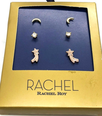 Rachel Roy Earrings 3 Piece Set Moon Stars CZ Solitare