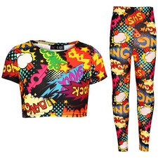 Kids Girls Wow Bang Boom Crop Top T Shirt Legging Loungewear Outfit Set 7-13 Yrs
