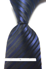 New Classic Striped Blue Black JACQUARD WOVEN 100 Silk Men's Necktie Tie