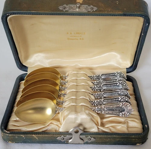 6 International Silver CHESTER Sterling Silver Gold-Wash Demitasse Spoons Mono S