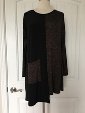 NWT SUN KIM HI LOW HEM LONG SLEEVE BLACK BROWN TOP SIZE M MADE IN USA