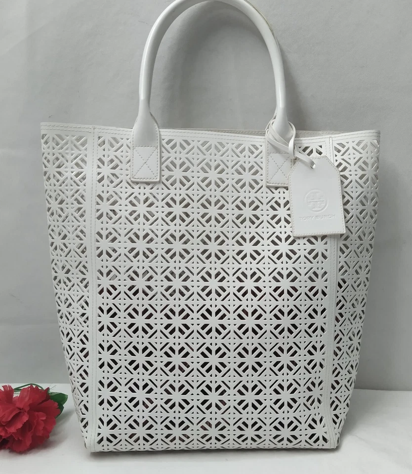 Tory Burch White Laser Cut Floral Double Handles Shopper Beach Tote Bag - Image 2 of 4