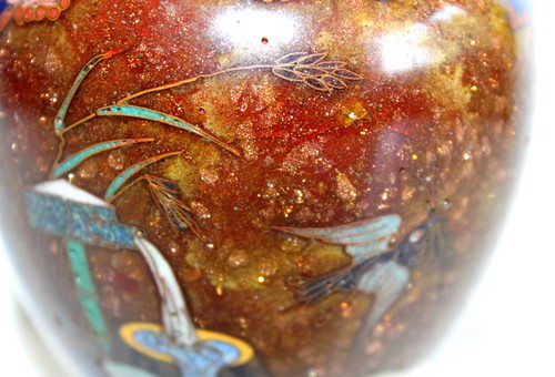 JOLIE ANCIEN VASE POTICHE CHAKINSEKI ÉMAUX CLOISONNÉ BRONZE POUDRE OR JAPON XIXe - Picture 4 of 10