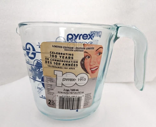 AZ. Vintage Pyrex 2 Cup Measuring Cup 100th Anniversary Blue Open Handle USA