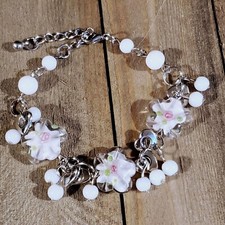 Vintage Murano Glass Beads White Silver Charm Bracelet Style D