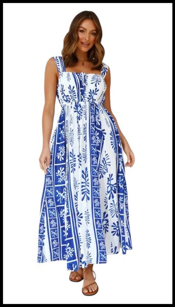 HEYCHIC Cobalt Blue & White Print A-Line Maxi Dress Elastic Waist Size 10