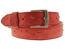 Western Cowboy Leather Belt Ostrich Quill Print Red Silver Buckle Cinto